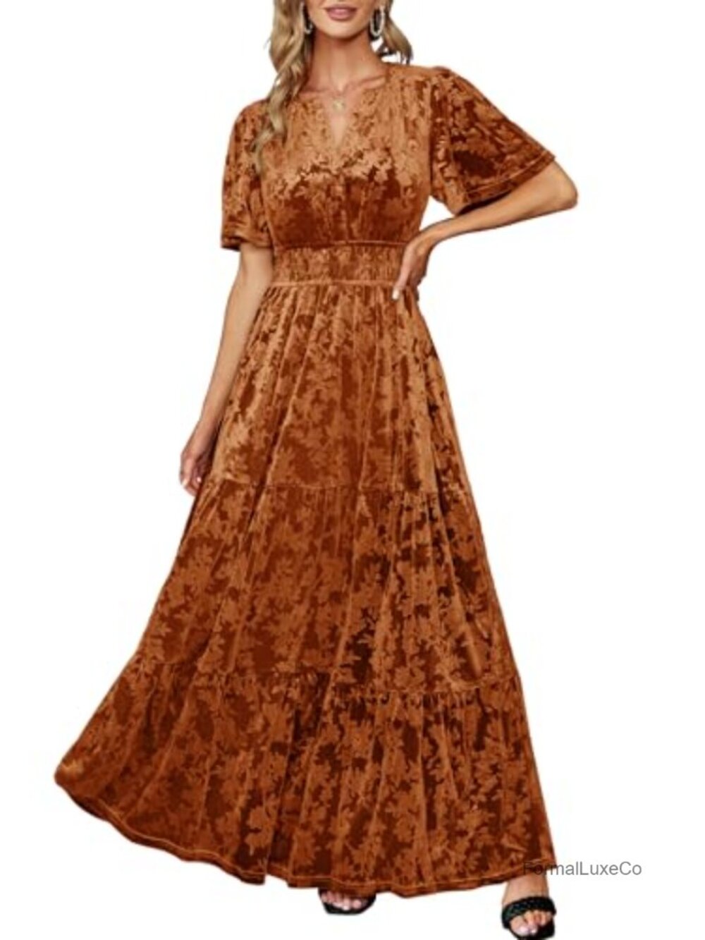 V Neck Velvet Short Sleeve Maxi Dress Wedding Guest Formal